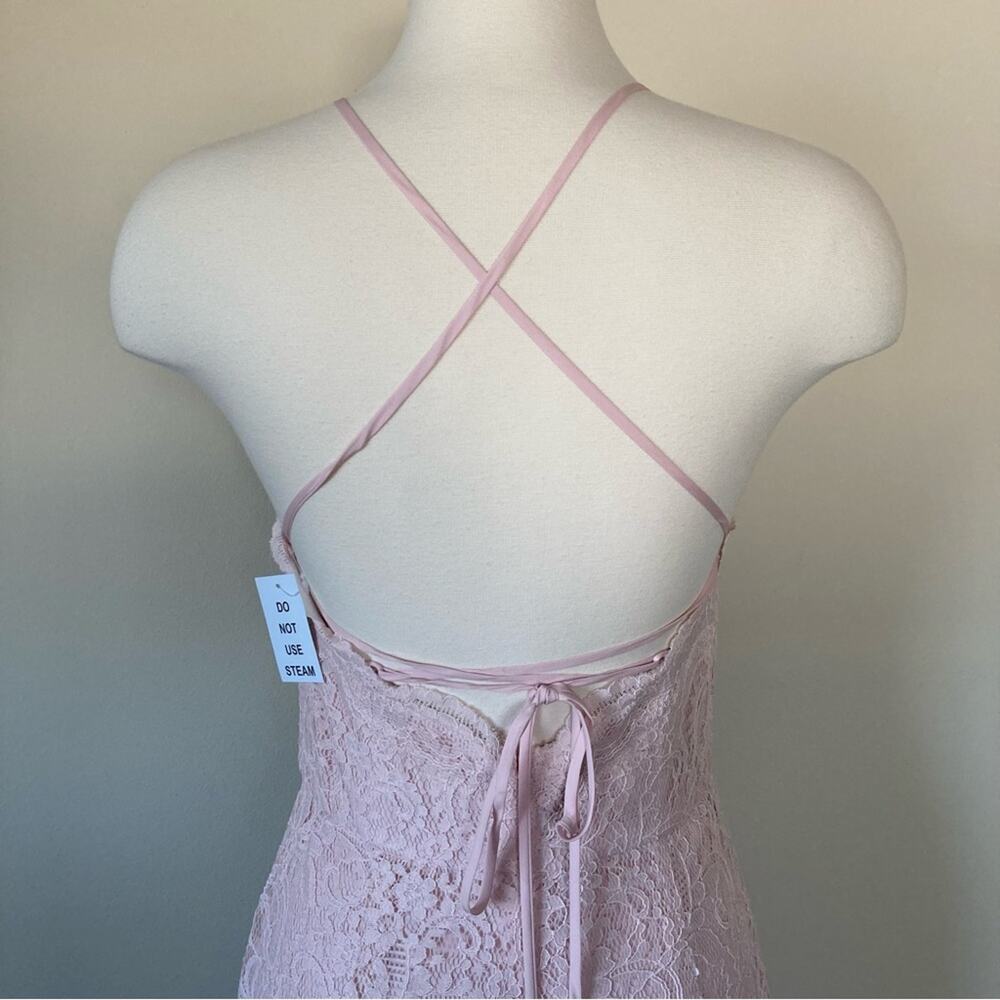 Dessy Collection NWT Halter Cross Back Marquis Lace Trumpet Blush Dress Size 12 - Picture 6 of 7
